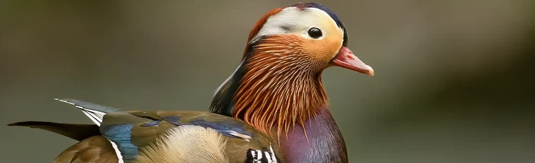Mandarinand. Ekstremt farverig fugl med brune, blå, grønne, lilla, rødlige og hvide detaljer.